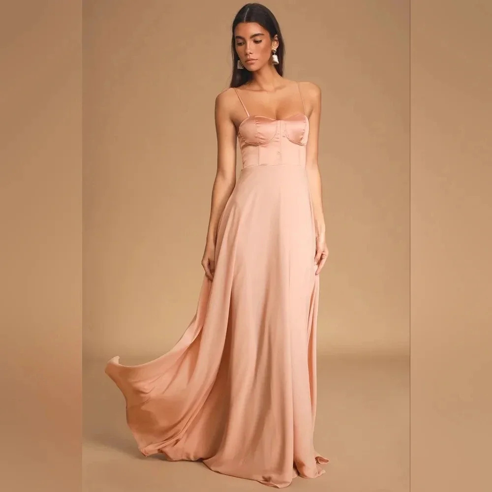 Lulus Best Part Of Me Blush Satin Bustier Maxi Dress L Wedding Party Guest Prom - Picture 2 of 11